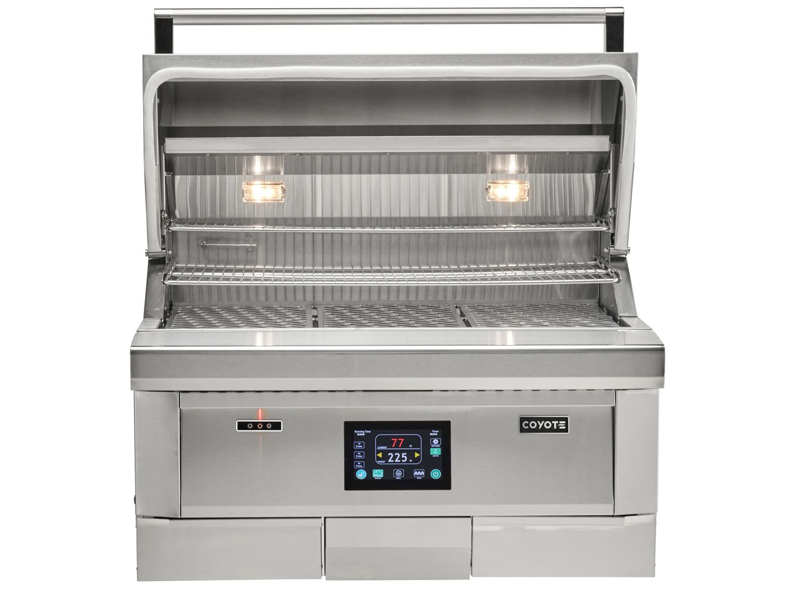 Isla de cocina al aire libre Haven de 8 pies con parrilla de pellets Coyote de 36 pulgadas, cajón de almacenamiento individual, centro de basura y refrigerador de 24 pulgadas - negro cepillado 