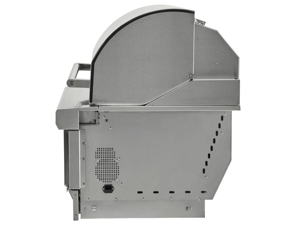 Haven 8 ft. outdoor kitchen island w/ coyote 36-inch pellet grill, single storage drawer, trash center &24-inch refrigerator - brushed black