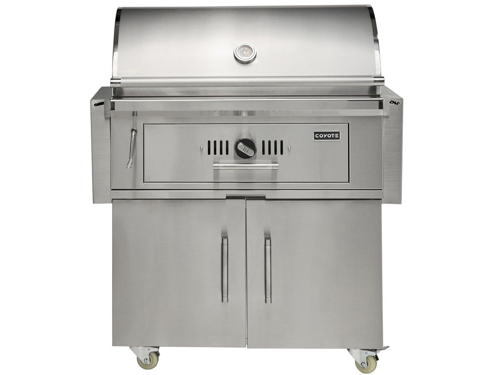coyote 36-inch stainless steel charcoal grill with adjustable charcoal tray with cart