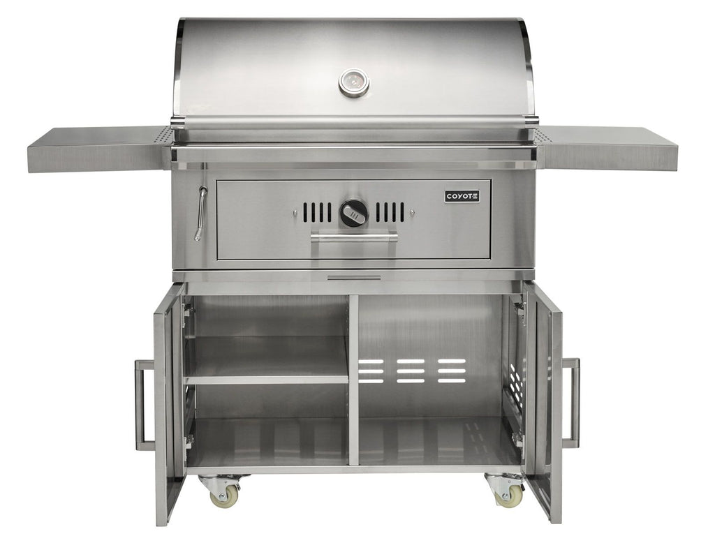 coyote 36-inch stainless steel charcoal grill with adjustable charcoal tray with cart