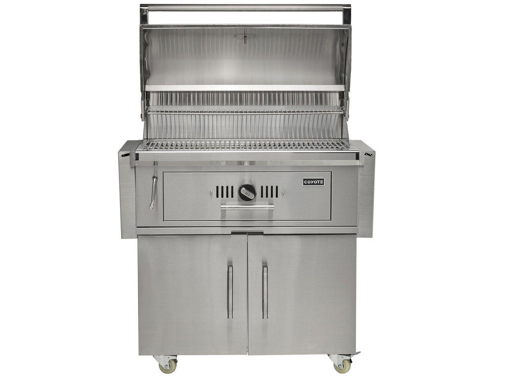 coyote 36-inch stainless steel charcoal grill with adjustable charcoal tray with cart
