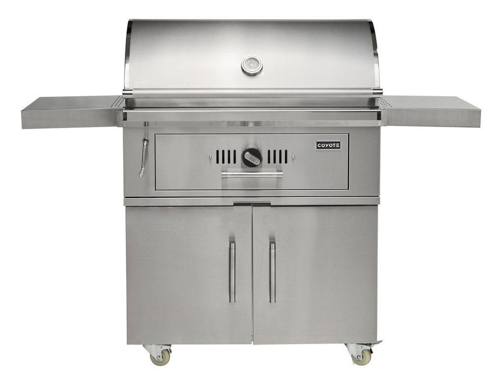coyote 36-inch stainless steel charcoal grill with adjustable charcoal tray with cart