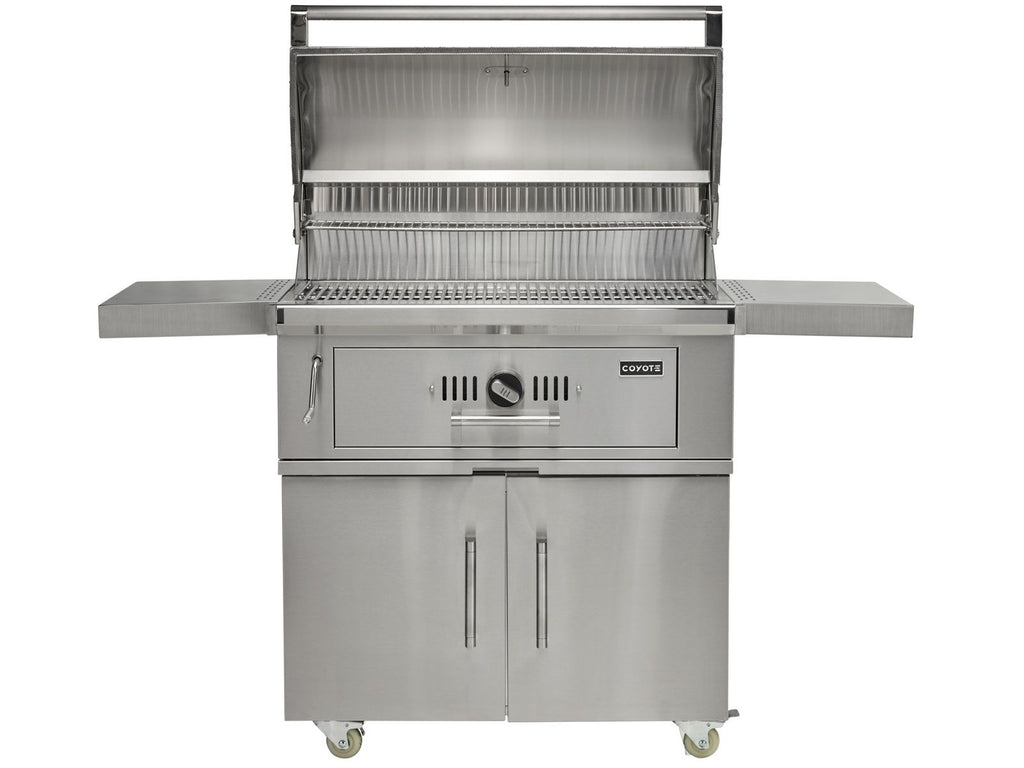 coyote 36-inch stainless steel charcoal grill with adjustable charcoal tray with cart