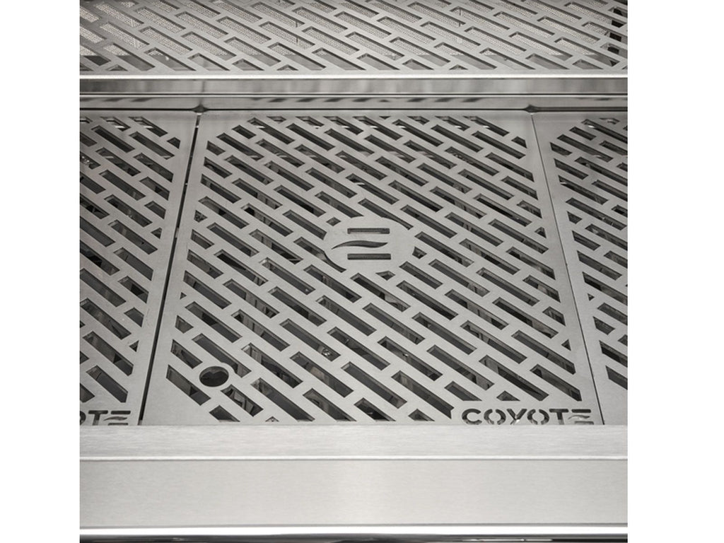 coyote sl-series 30-inch 3-burner Freestanding gas grill with ceramic briquettes, sear burner, infrared rear burner & rotisserie kit