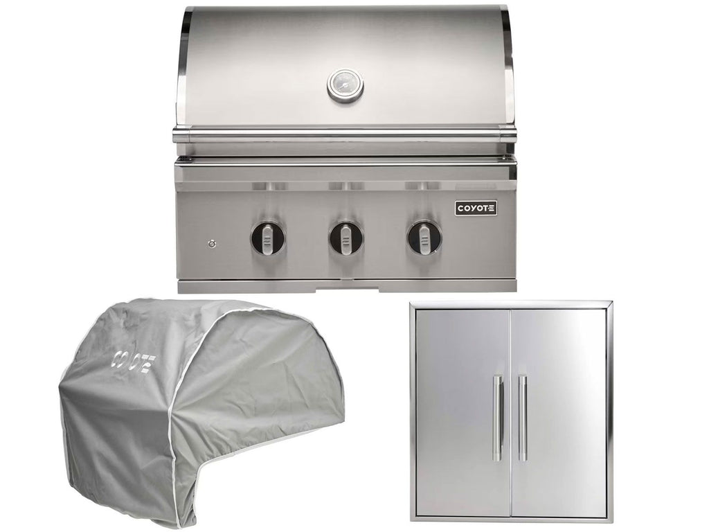 coyote 3-piece sl-series 30-inch 3-burner gas grill outdoor kitchen package with ceramic briquettes, sear burner, infrared rear burner & rotisserie kit