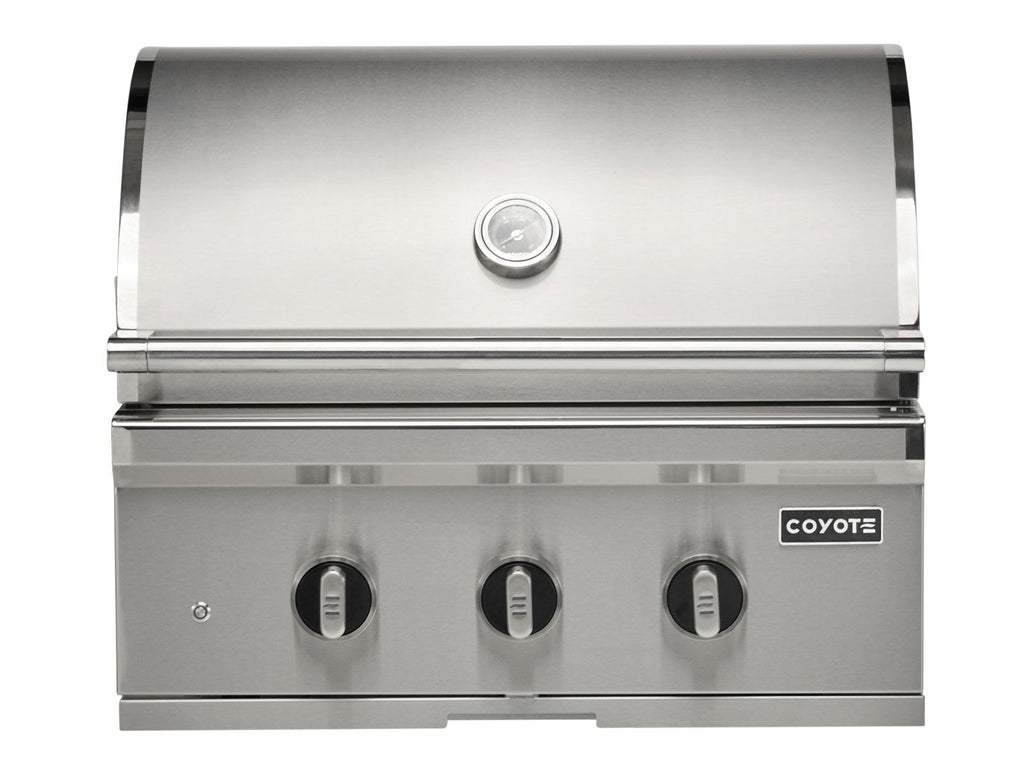 coyote sl-series 30-inch 3-burner Freestanding gas grill with ceramic briquettes, sear burner, infrared rear burner & rotisserie kit