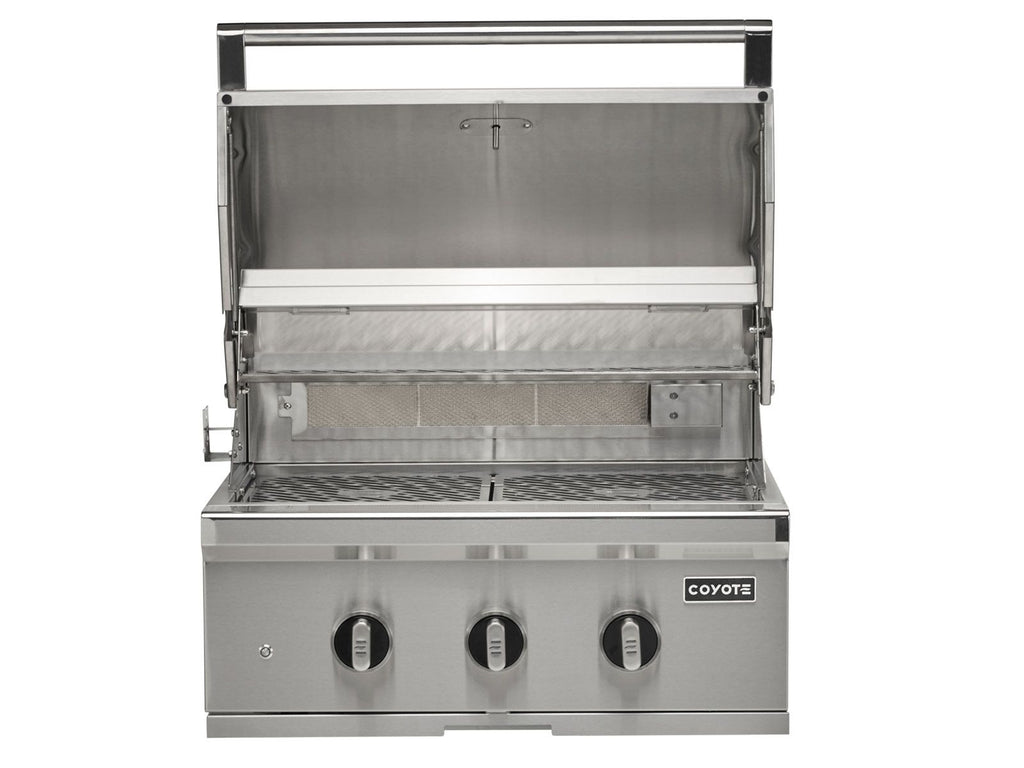 coyote sl-series 30-inch 3-burner Freestanding gas grill with ceramic briquettes, sear burner, infrared rear burner & rotisserie kit