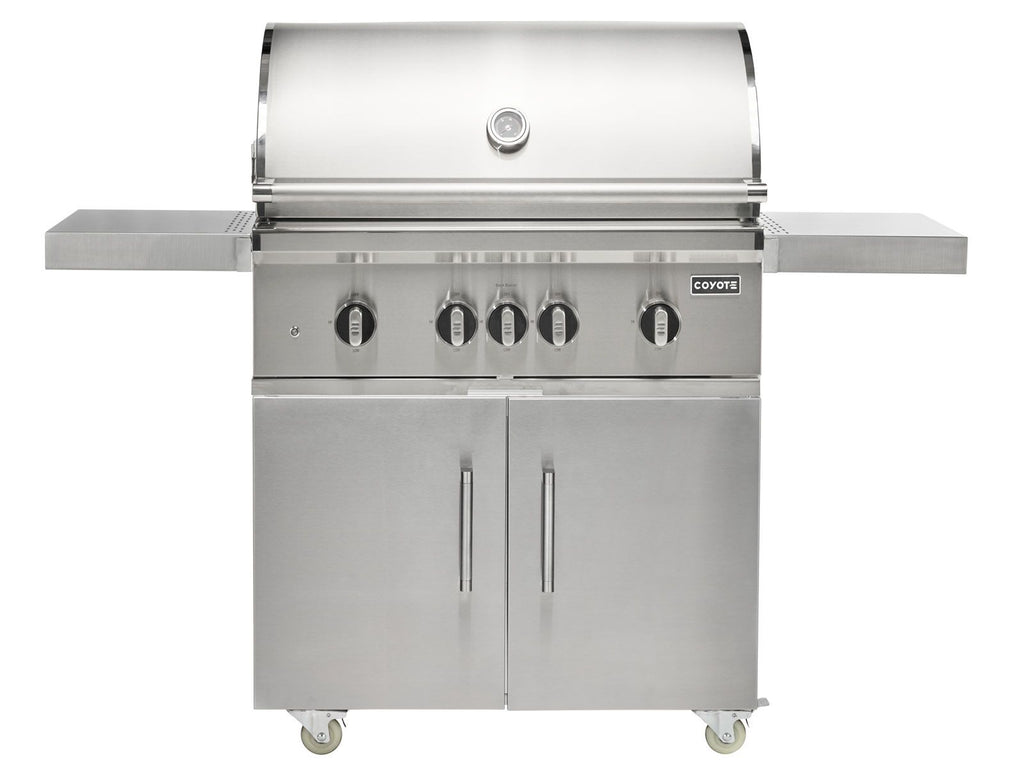 Parrilla a gas independiente Coyote serie SL de 36 pulgadas y 5 quemadores sobre carrito con briquetas de cerámica, quemador para sellar, quemador trasero infrarrojo y kit de asador. 