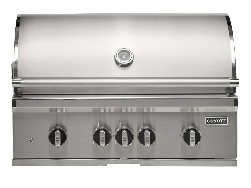 Parrilla a gas independiente Coyote serie SL de 36 pulgadas y 5 quemadores sobre carrito con briquetas de cerámica, quemador para sellar, quemador trasero infrarrojo y kit de asador. 