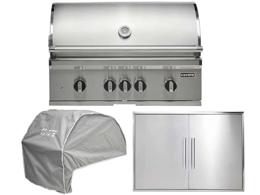 coyote 3-piece sl-series 36-inch 5-burner gas grill outdoor kitchen package with ceramic briquettes, sear burner, infrared rear burner & rotisserie kit