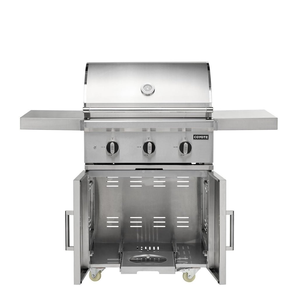 coyote sl-series 30-inch 3-burner Freestanding gas grill with ceramic briquettes, sear burner, infrared rear burner & rotisserie kit