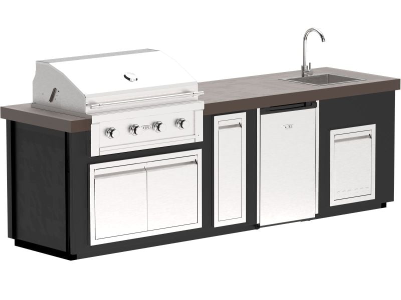 Videl 9 1/3-Ft Luxe Outdoor Kitchen Island with Gran Fuego 36-Inch 4-Burner Gas Grill, 4.5 Cu. Ft. Refrigerator and Sink