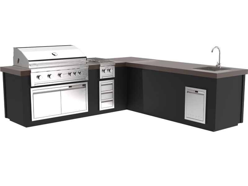 Videl 9 1/3-Ft Maestro L-Shaped Outdoor Kitchen Island with Gran Fuego 42-Inch 5-Burner Gas Grill, Double Side Burner and Sink