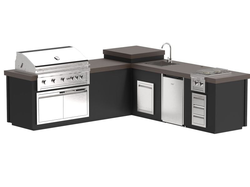 Videl 9 1/3-Ft Maestro L-Shaped Outdoor Kitchen Island with Gran Fuego 42-Inch 5-Burner Gas Grill, Double Side Burner, 4.5 Cu. Ft. Refrigerator and Sink