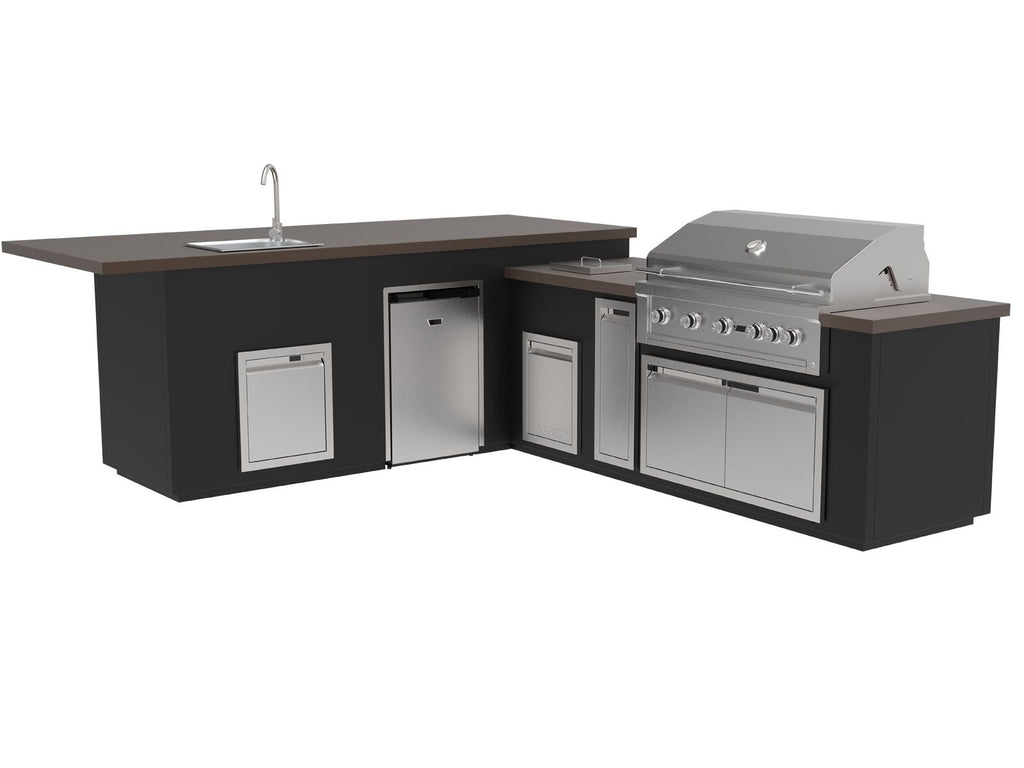 Videl 11 1/8-Ft Maestro L-Shaped Outdoor Kitchen Island with Gran Fuego 42-Inch 5-Burner Gas Grill, 4.5 Cu. Ft. Refrigerator and Sink