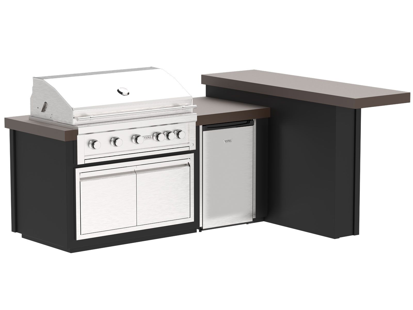 Videl 8-Ft Luxe L-Shaped Outdoor Kitchen Island with Gran Fuego 42-Inch 5-Burner Gas Grill and 4.5 Cu. Ft. Refrigerator