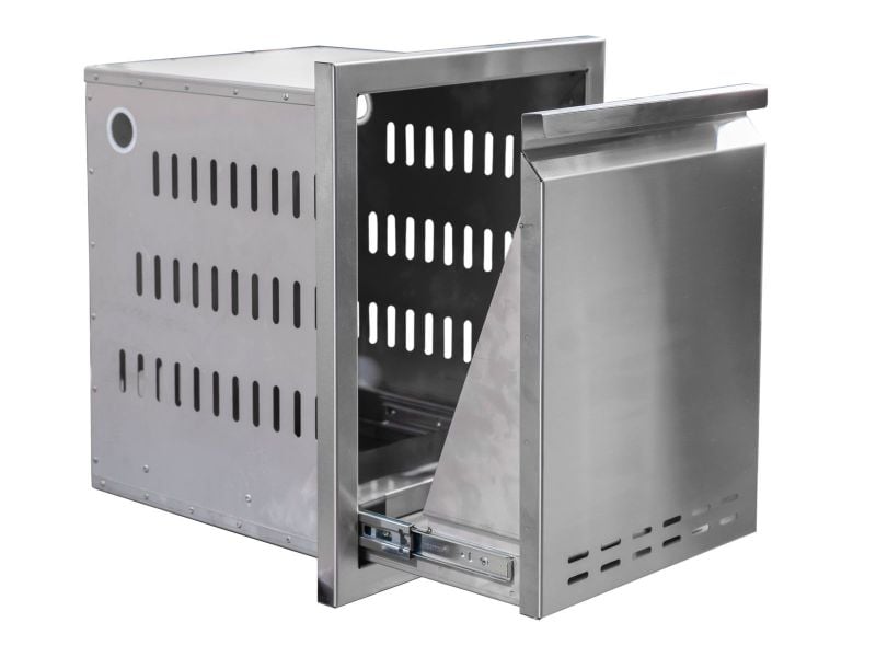 Videl 11 1/8-Ft Maestro L-Shaped Outdoor Kitchen Island with Gran Fuego 42-Inch 5-Burner Gas Grill, 4.5 Cu. Ft. Refrigerator and Sink