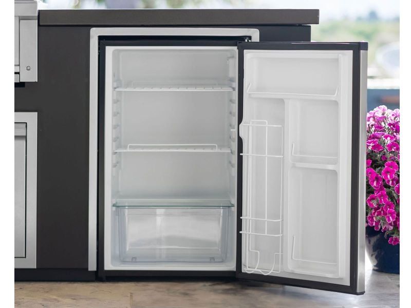 Videl 9 1/3-Ft Maestro L-Shaped Outdoor Kitchen Island with Gran Fuego 42-Inch 5-Burner Gas Grill, Double Side Burner, 4.5 Cu. Ft. Refrigerator, Sink and LED & Outdoor Audio System