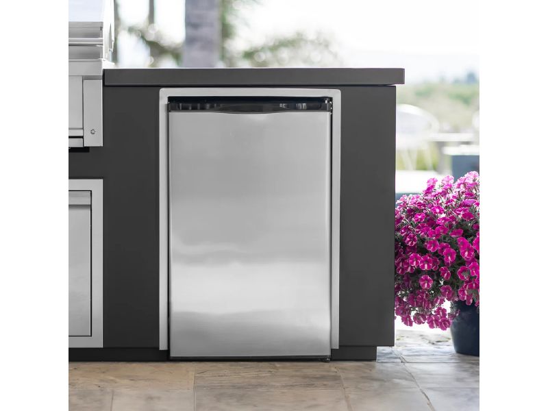 Videl 9 1/3-Ft Maestro L-Shaped Outdoor Kitchen Island with Gran Fuego 42-Inch 5-Burner Gas Grill, Double Side Burner, 4.5 Cu. Ft. Refrigerator, Sink and LED & Outdoor Audio System