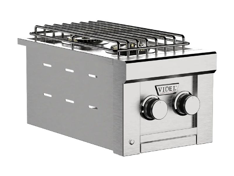 Videl 12-Ft Maestro L-Shaped Outdoor Kitchen Island with Gran Fuego 42-Inch 5-Burner Gas Grill, 30-Inch Gran Plancha Griddle, Double Side Burner, 4.5 Cu. Ft. Refrigerator and Sink