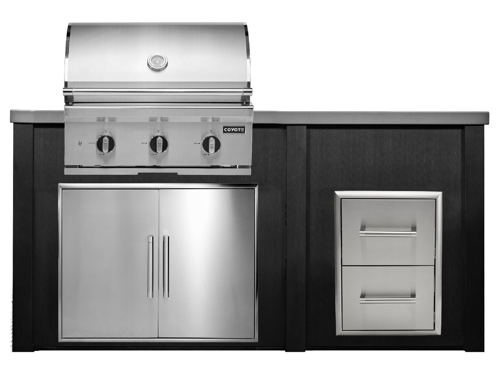 haven 6 ft. outdoor kitchen island w/ coyote sl-series 30-inch grill, double access door & 2 drawer cabinet - brushed black