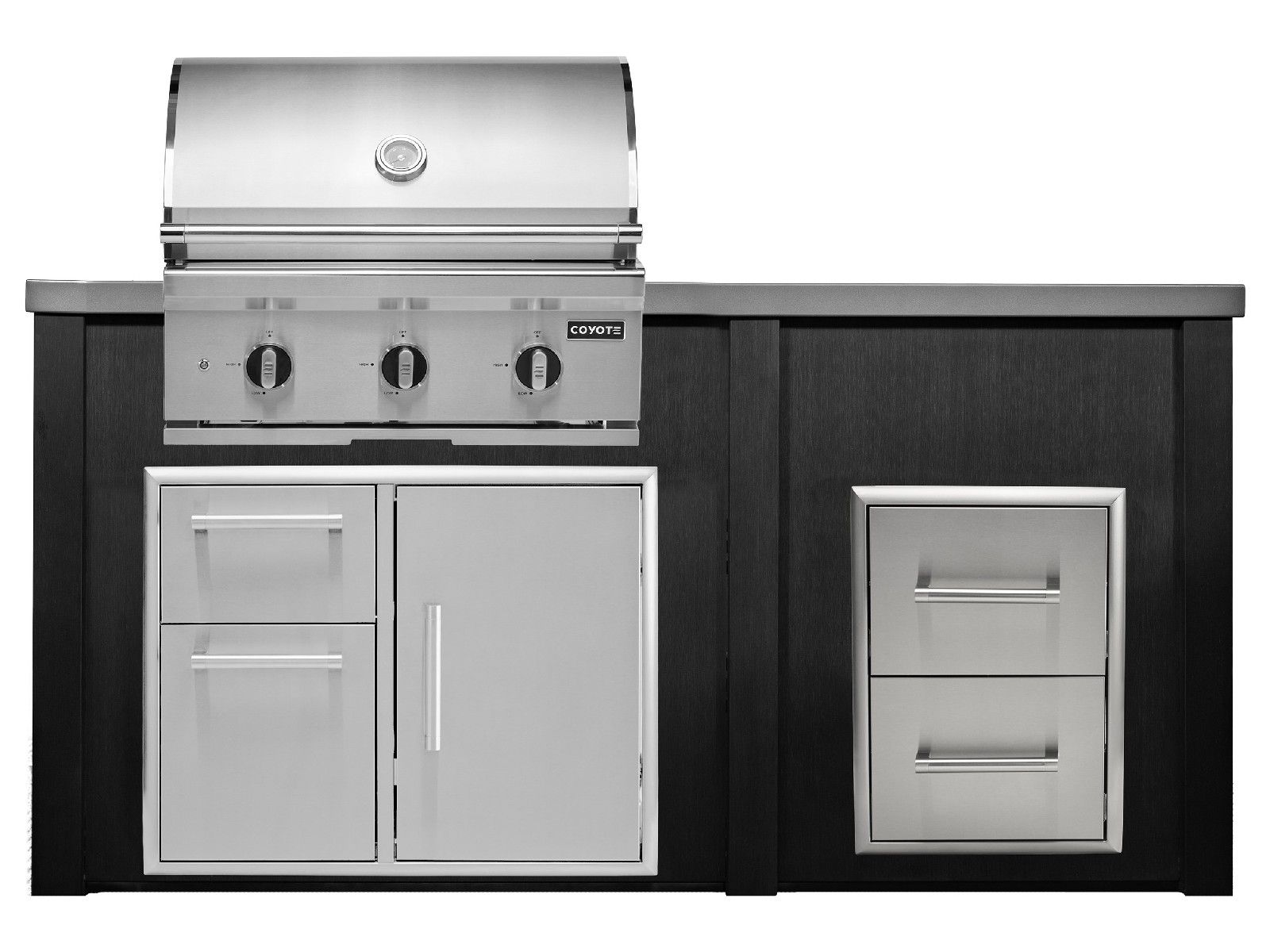 Haven 6 ft. outdoor kitchen island w/ coyote c-series 30-inch grill, 31" dry pantry & 2 drawer cabinet - brushed black