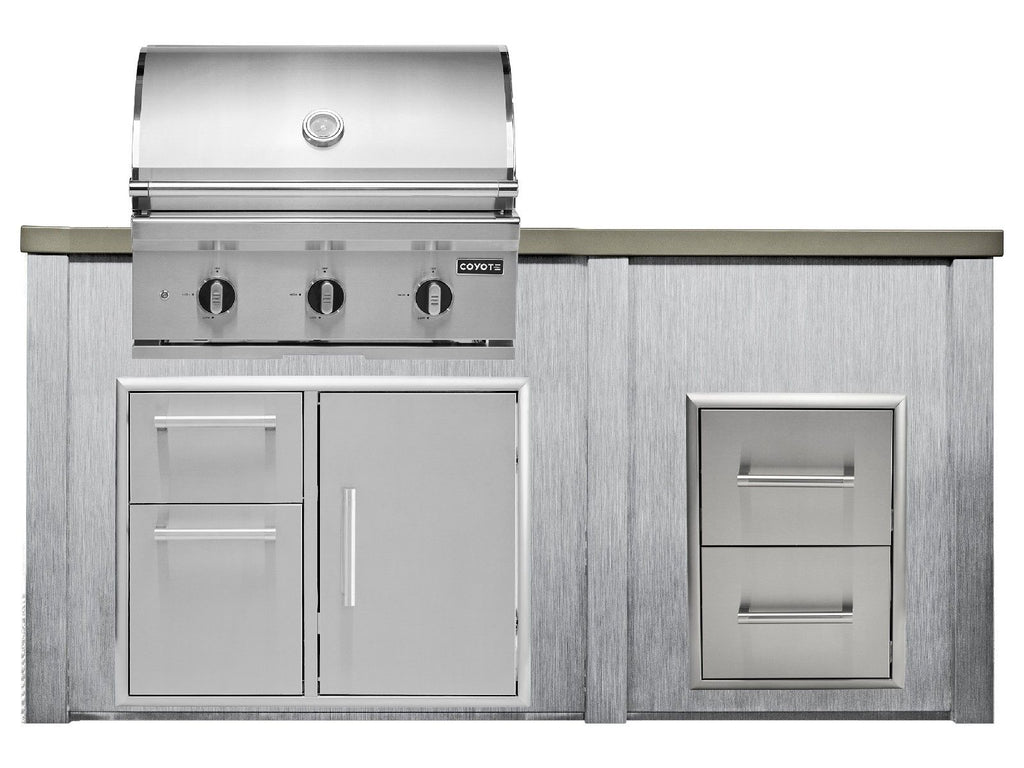 haven 6 ft. outdoor kitchen island w/ coyote sl-series 30-inch grill, 31" dry pantry & 2 drawer cabinet - harbor gray