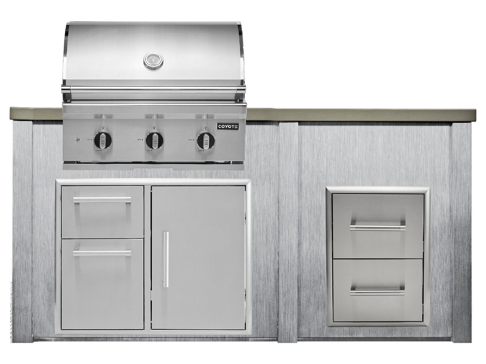 haven 6 ft. outdoor kitchen island w/ coyote sl-series 30-inch grill, 31" dry pantry & 2 drawer cabinet - harbor gray