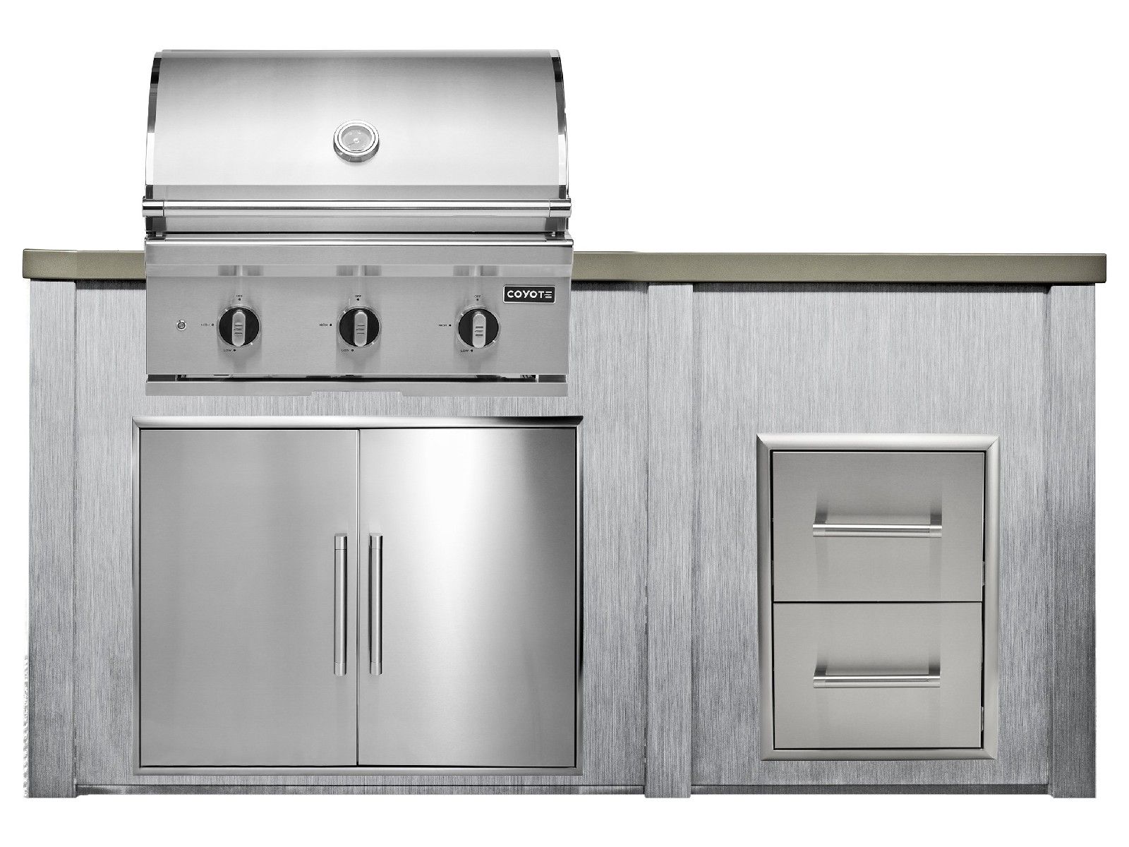 Haven 6 ft. outdoor kitchen island w/ coyote c-series 30-inch grill, double access door & 2 drawer cabinet - harbor gray
