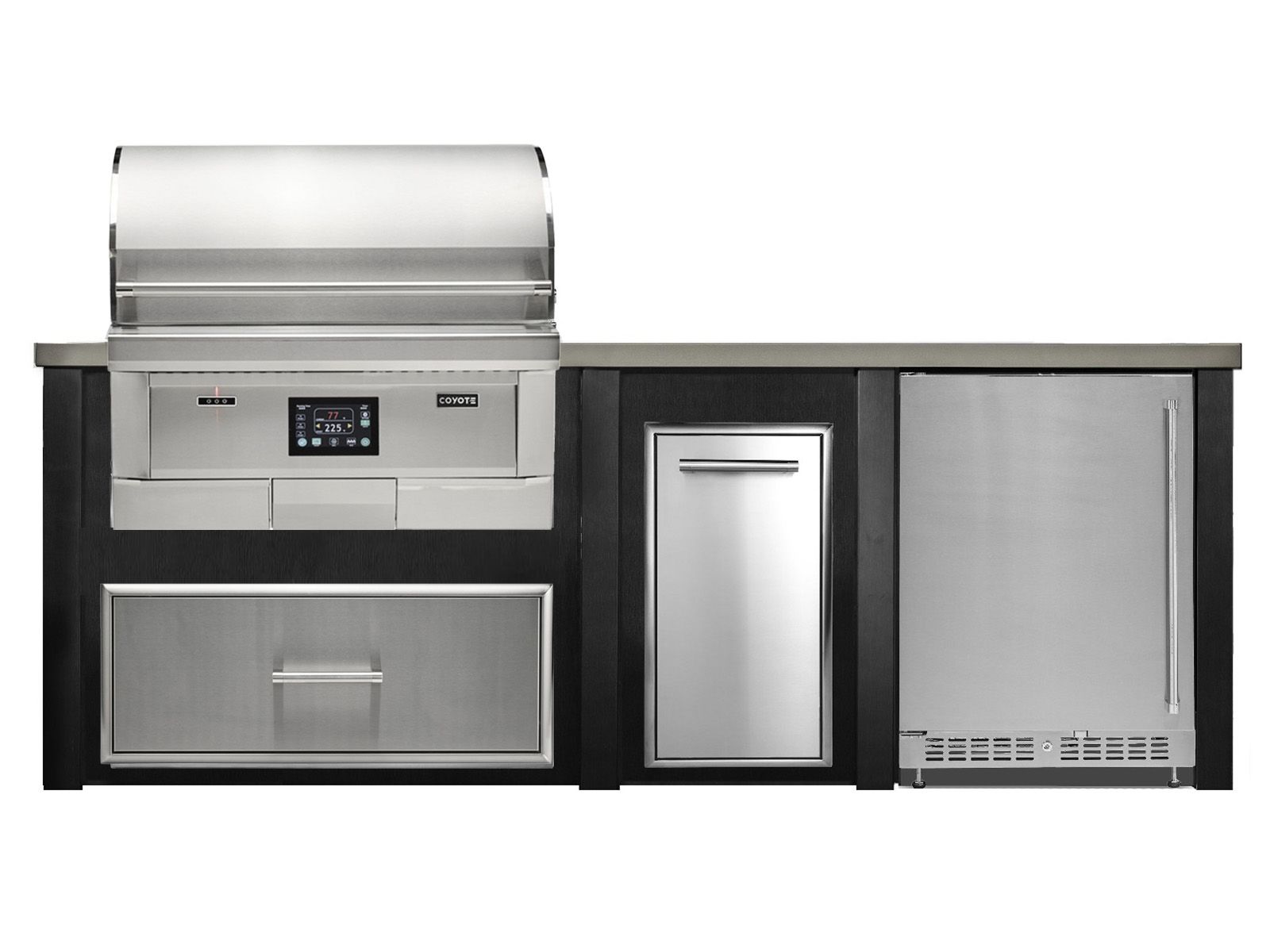 Isla de cocina al aire libre Haven de 8 pies con parrilla de pellets Coyote de 36 pulgadas, cajón de almacenamiento individual, centro de basura y refrigerador de 24 pulgadas - negro cepillado 