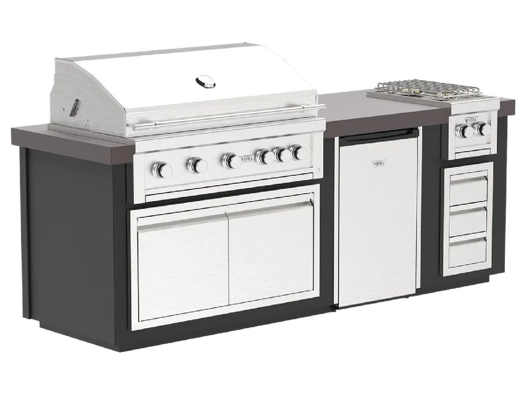 Videl 8-Ft Luxe Outdoor Kitchen Island with Gran Fuego 42-Inch 5-Burner Gas Grill, Double Side Burner and 4.5 Cu. Ft. Refrigerator
