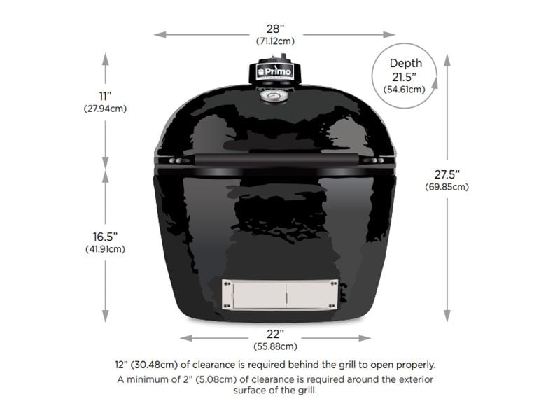 Primo Oval XL Ceramic Kamado Grill On Steel Cart With Side Shelves And Stainless Steel Grates